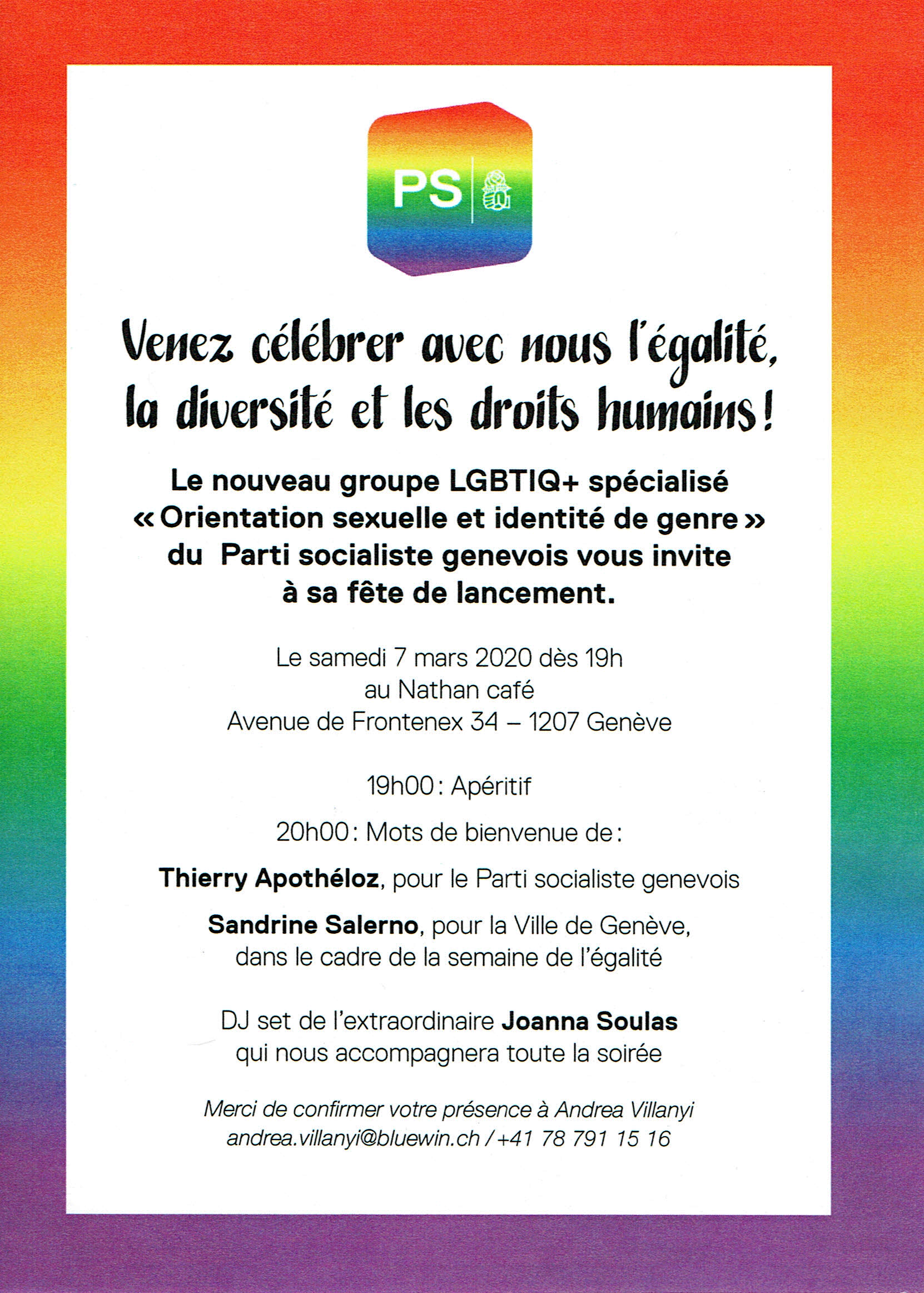 Nathan Café Genève - Fête de lancement du groupe LGBTIQ+ du PS genevois - 7 mars 2020